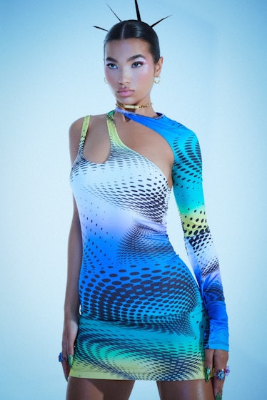 Jaded London Y2K Dot Swirl Print Asymmetric Dress With Matching Sleeve