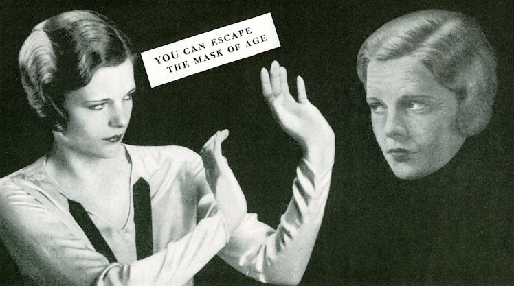 A 1926 ad with a woman and the text "You can escape the mask of age" with an older woman's face 