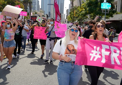 Britney Spears fans and supporters carrying signs and banners in the street