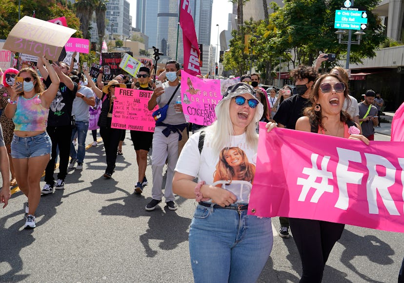 Britney Spears fans and supporters carrying signs and banners in the street