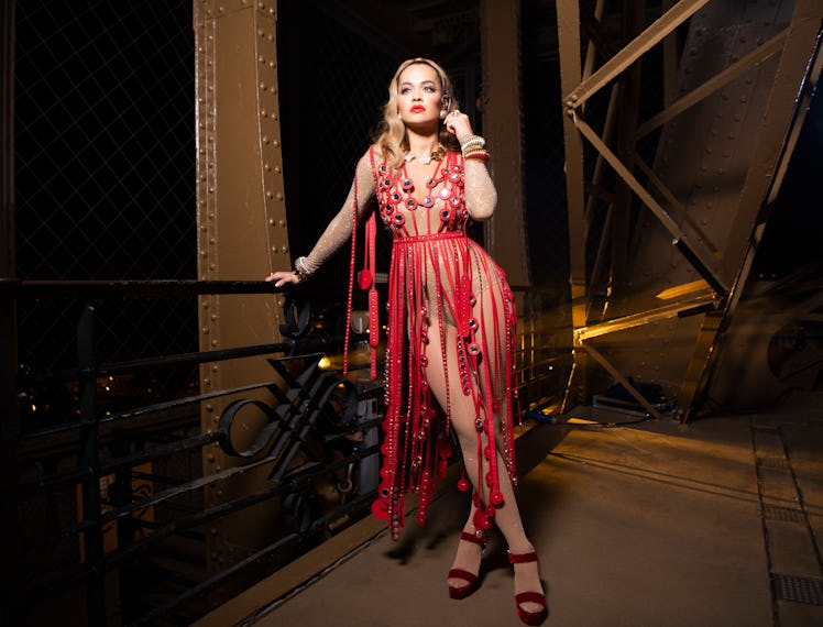 Rita Ora wearing a custom red dress