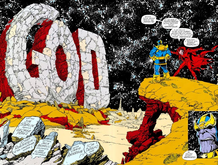 The opening image of The Infinity Gauntlet #1. Artwork by George Perez.