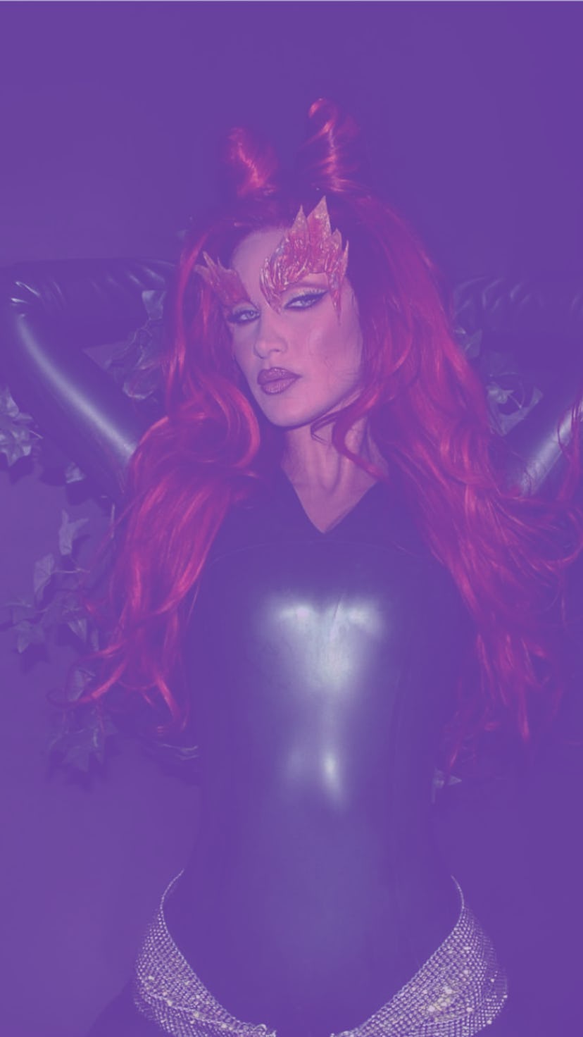 Model Bella Hadid dressed up as supervillain Poison Ivy inspired by the Uma Thurman costume from Bat...
