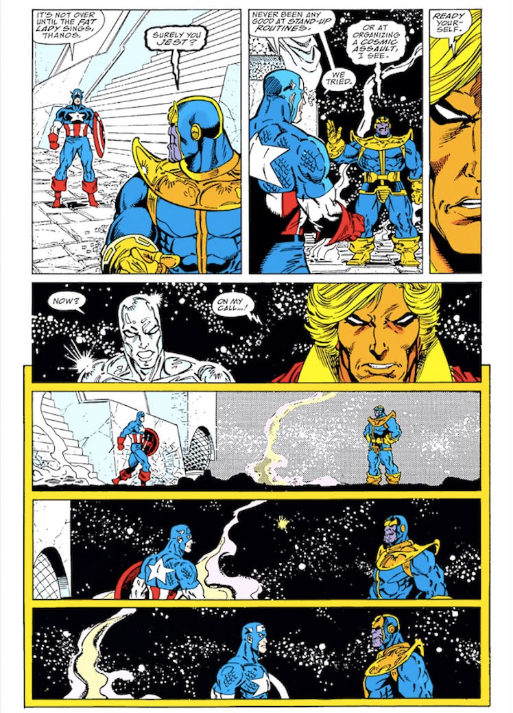 Captain America’s standoff with Thanos in issue #4. Artwork by Ron Lim.