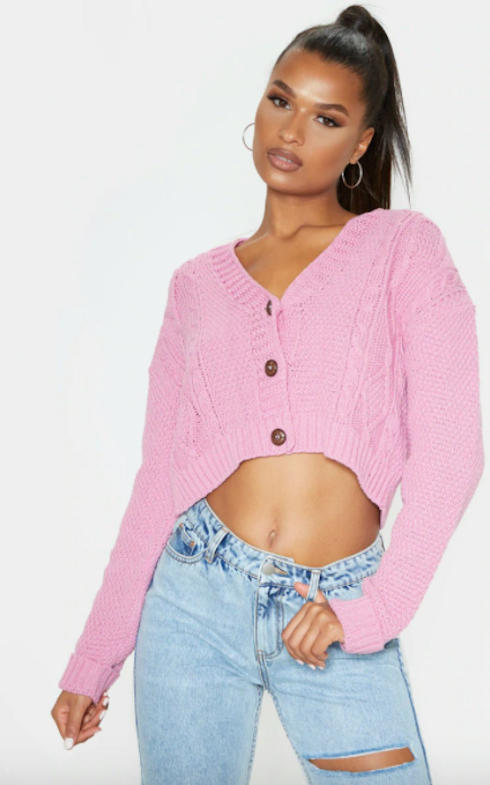PINK CABLE CROPPED CARDIGAN