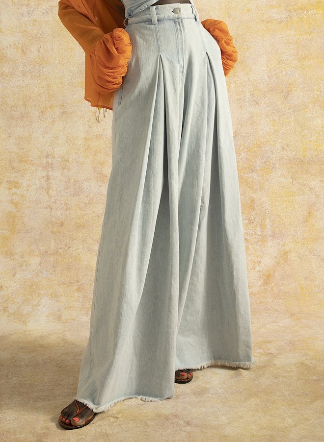 Denim Front Pleat Wide Leg Pant