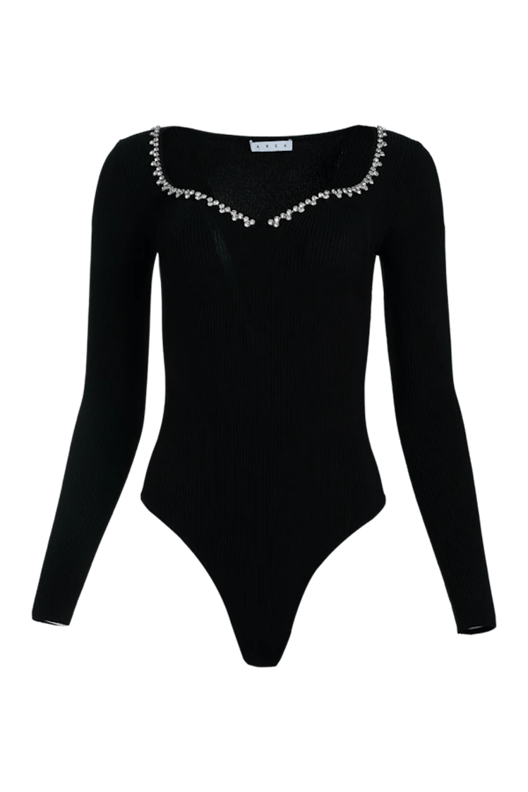 AREA's black rib knit crystal trim bodysuit. 