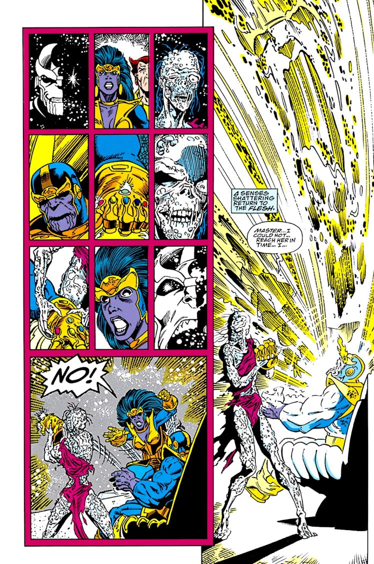 A scarred Nebula grabs the Gauntlet from Thanos’ unattended body in issue #5. Artwork by Ron Lim.