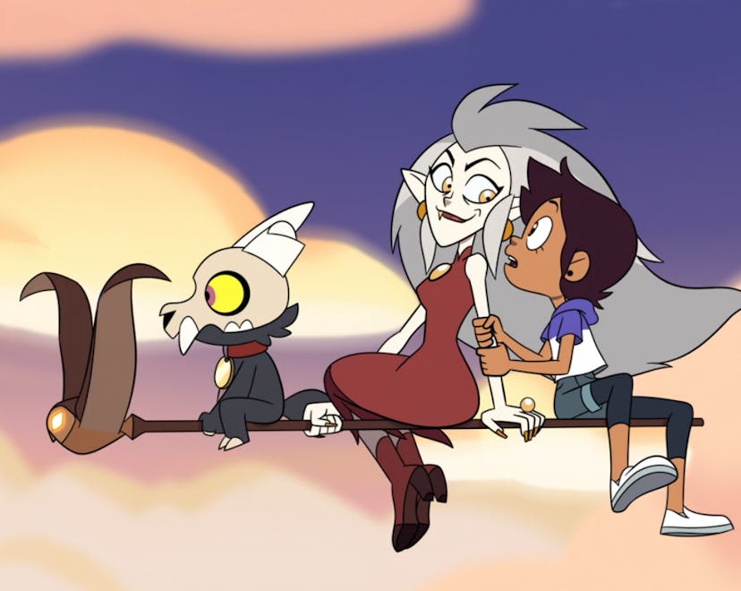 King, Eda, and Luz ride on a staff piloted by Owlbert in "The Owl House."