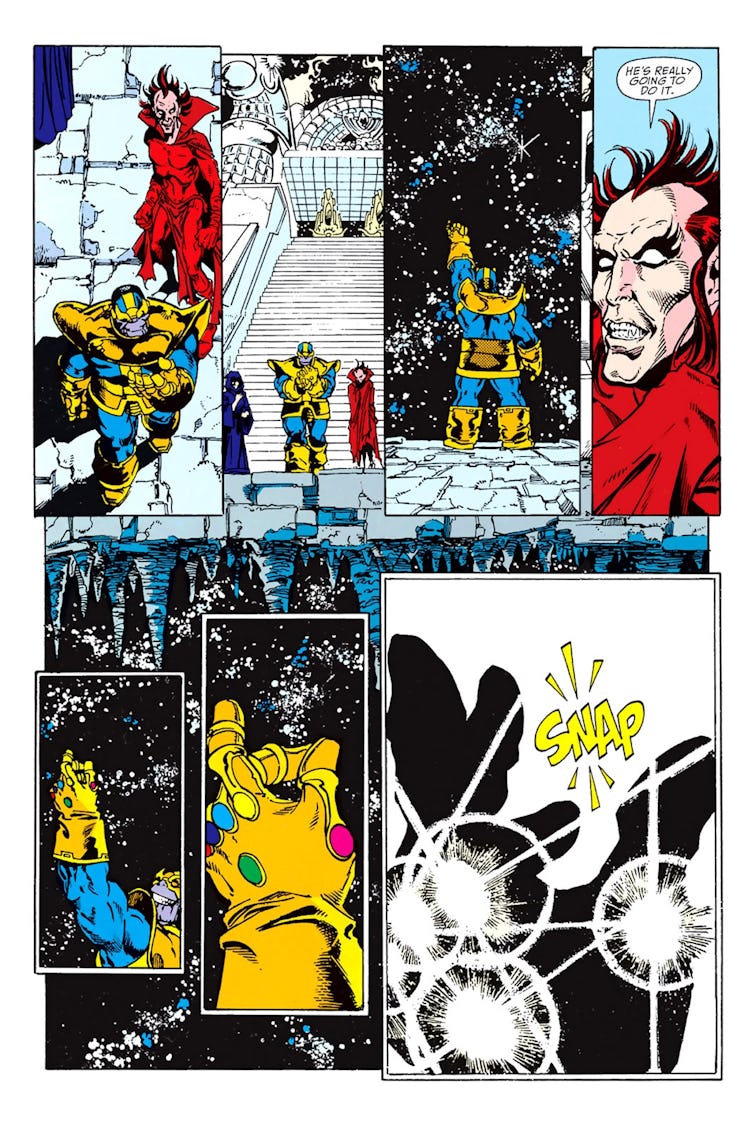 “The Snap” from The Infinity Gauntlet #1. Artwork by George Perez.