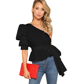 Romwe One Shoulder Belted Blouse