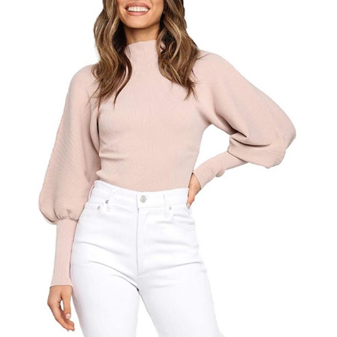 HZSONNE Mock Neck Puff Sleeve Pullover Sweater