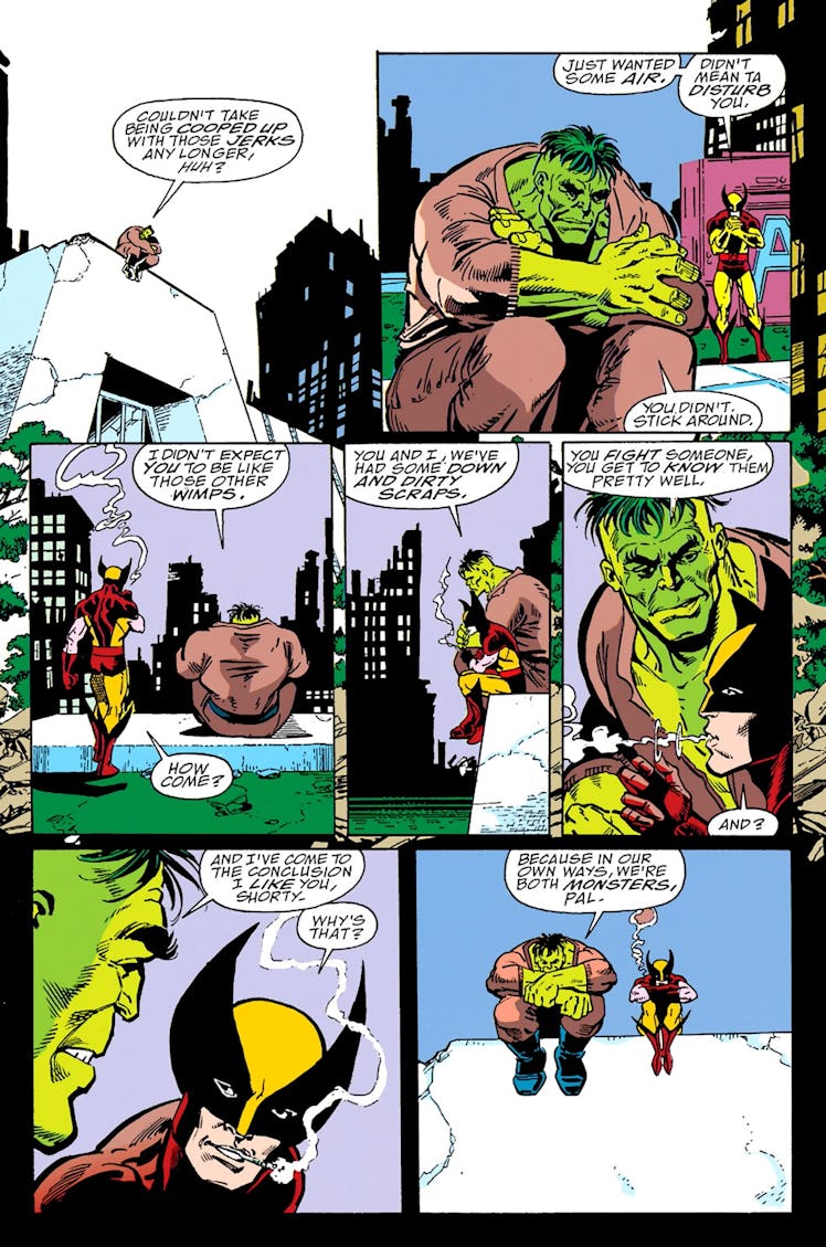 The Hulk and Wolverine discuss being monsters in The Infinity Gauntlet #3. Artwork by George Perez.