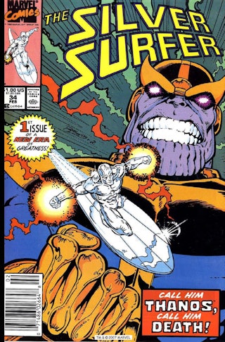 The Silver Surfer #34, which marked Starlin’s return to Marvel. Artwork by Ron Lim.