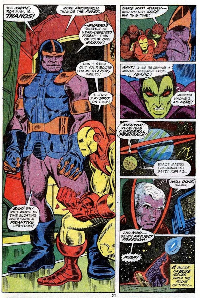 Thanos from Iron Man #55, February 1973. Art and story by Jim Starlin.