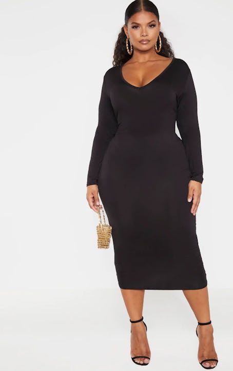 Plus Black Jersey V Neck Long Sleeve Midi Dress