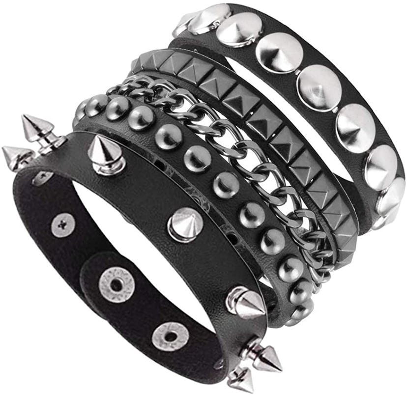 Goth Black Leather Wristband with Metal Studs and Spikes