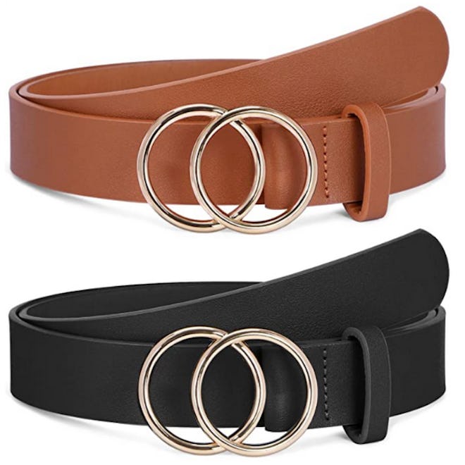 SANSTHS Faux Leather Double O-Ring Buckle Belt (2 Pack)