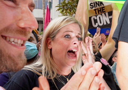 Activist Megan Radford gasping from happiness after hearing the judge's decision in Britney Spears' ...