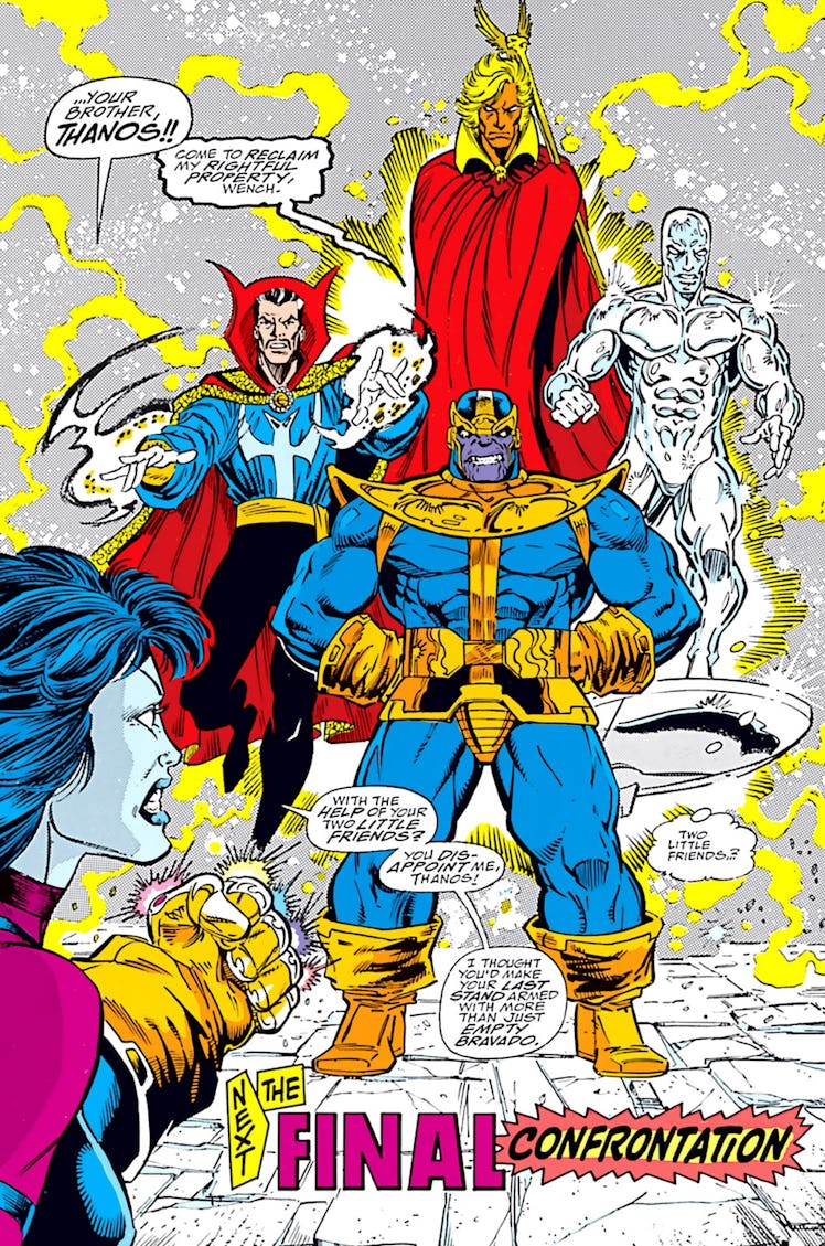 Thanos, now teamed up with the Silver Surfer, Dr. Strange, and Adam Warlock in issue #5. Artwork by ...