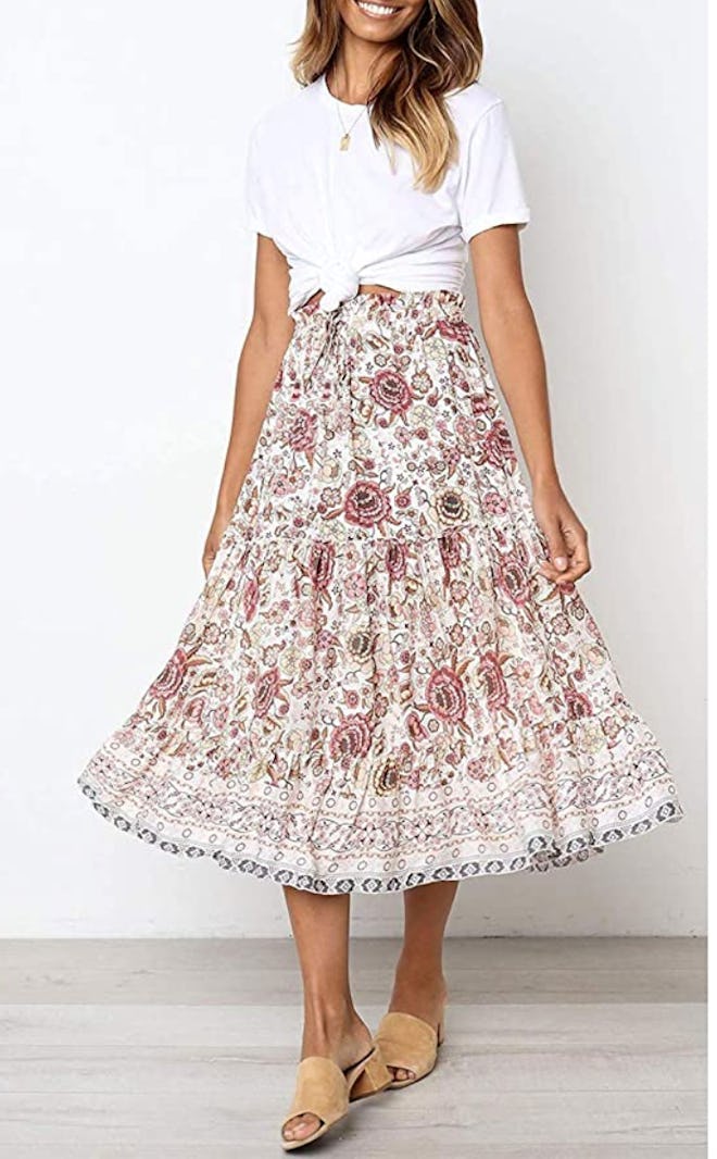 MEROKEETY Floral Print High Waist Midi Skirt