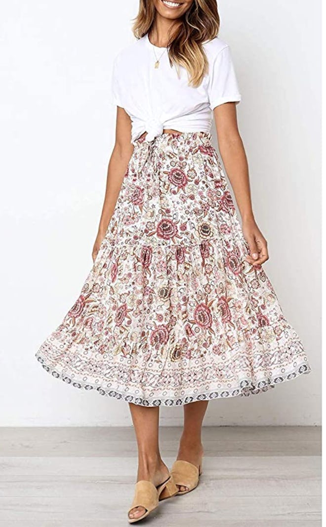 MEROKEETY Floral Print High Waist Midi Skirt