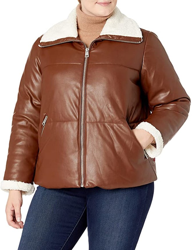 Levi's Breanna leather puffer jacket in dark brown faux leather, available to shop via Amazon.