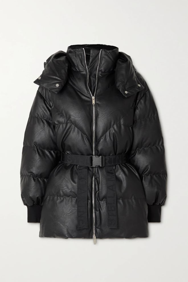 Black Kayla belted hooded quilted vegetarian leather coat from Stella McCartney, available to shop v...