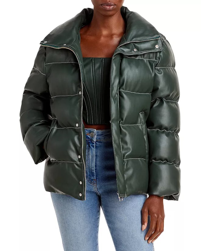 Ace vegan leather puffer coat in Cypress from STAUD, available to shop via Bloomingdales.