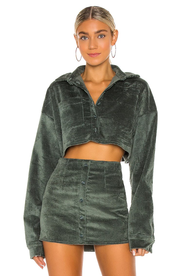 Dark green corduroy cropped shirt from Danielle Guizio, available to shop via Revolve.
