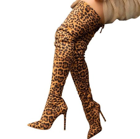 Women's Leopard Stiletto High Heel Thigh High Boots