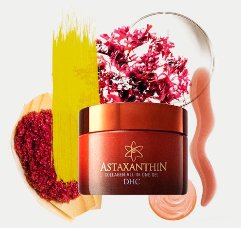 Astaxanthin Collagen All-in-One Gel DHC in a collage with flowers, orange, red and yellow texture sw...