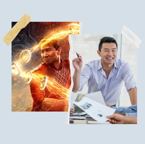 Simu Liu in Marvel's 'Shang-Chi' and in stock images from his past.