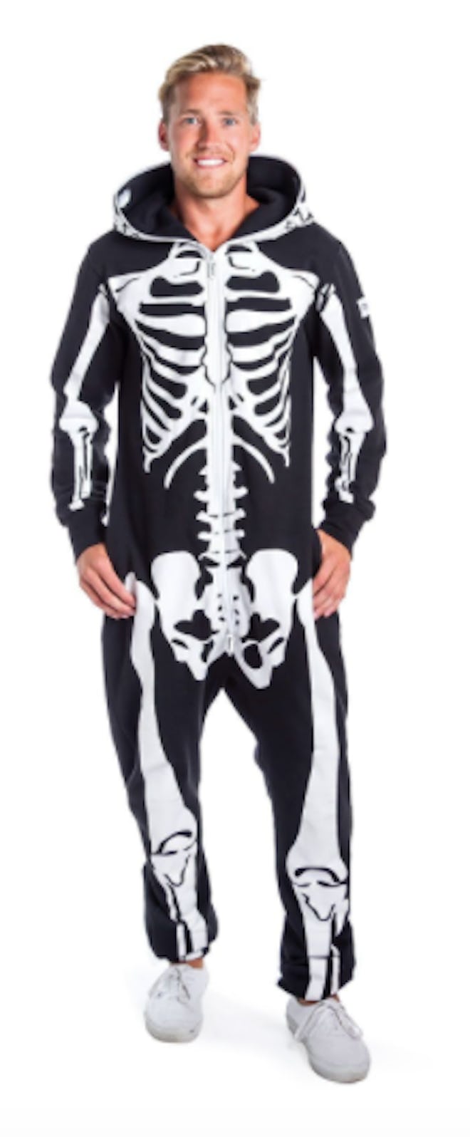 Man wearing skeleton onesie