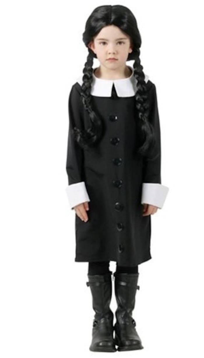 little girl dressed up in wednesday addams halloween costume