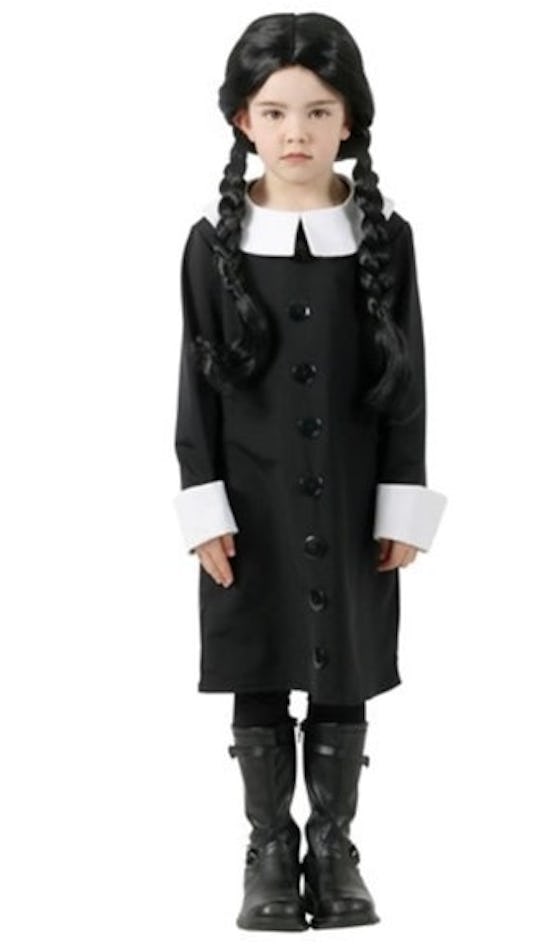 little girl dressed up in wednesday addams halloween costume