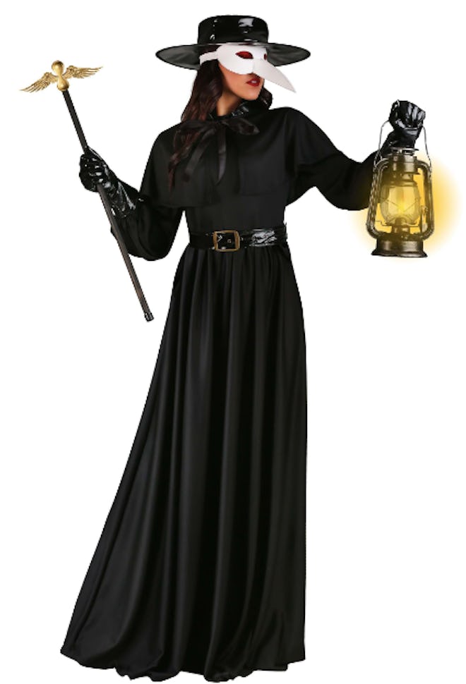 Woman dressed as in a black plague costume. 