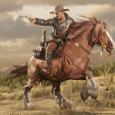 cowboy on horse firing gun in Red Dead Online promo art