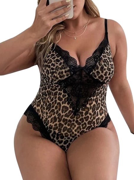 Hugossia Plus Size Womens Leopard Print One Piece Jumpsuit