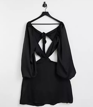 In The Style Plus x Yasmine Chanel satin cut out volume sleeve skater dress in black