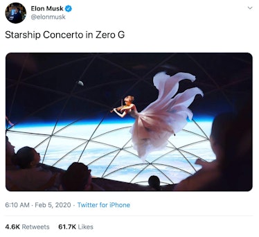 Musk's post showing a concert in zero gravity.
