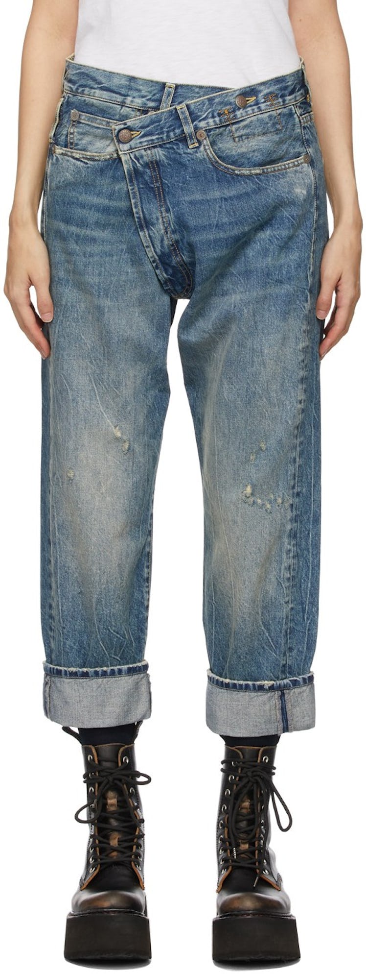 Blue Cross-Over Jeans from R13, available to shop via SSENSE.