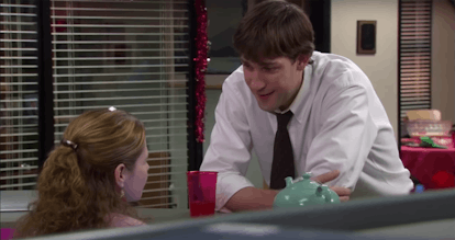 Jim and Pam talk at Pam's desk in 'The Office,' a scene you can recreate at 'The Office' Experience ...
