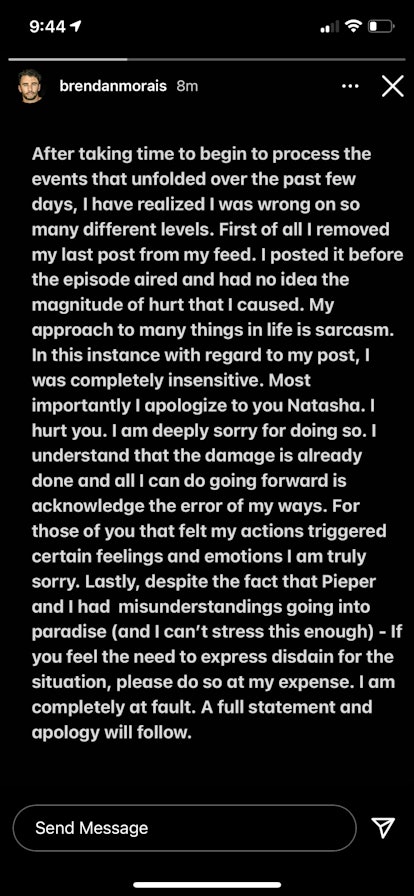 Brendan Morais' Instagram apology to Natasha Parker was not enough, according to Bachelor Nation.