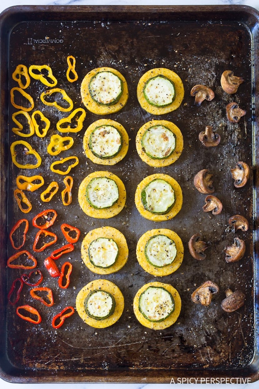 gluten-free polenta and vegetable stacks cooked on a sheet pan