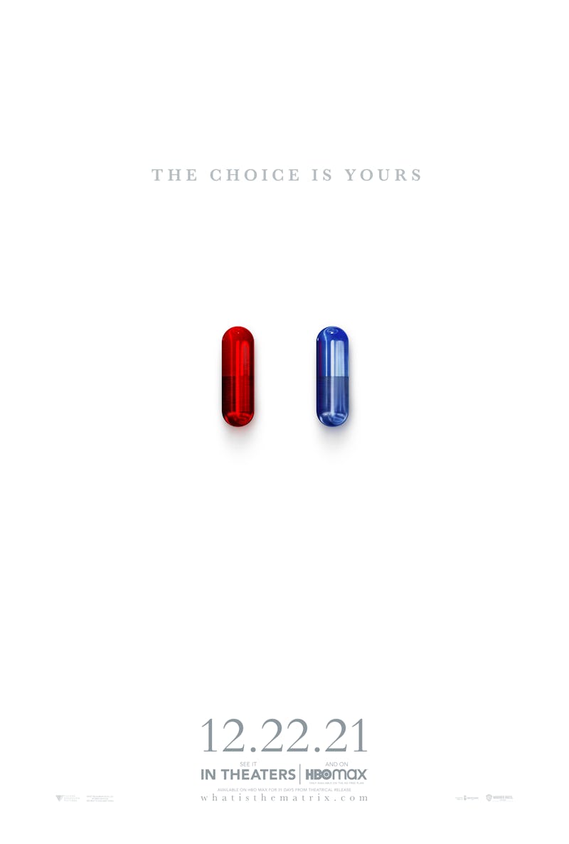 A blue and a red pill from "The Matrix Resurrections" and "the choice is yours" text