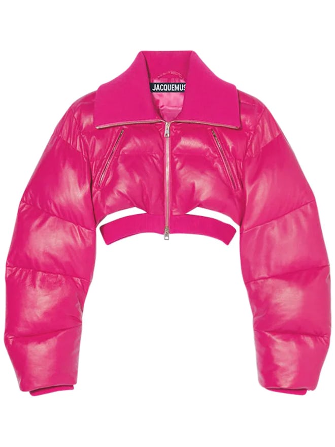 La Doudoune Pralù pink leather puffer jacket from Jacquemus, available to shop via LUISAVIAROMA.
