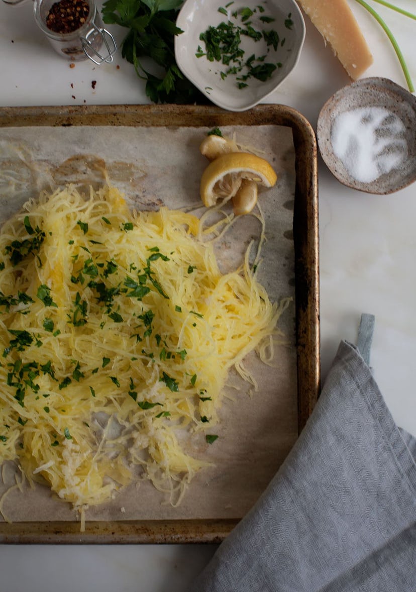 gluten-free sheet pan recipe for cheesy spaghetti squash