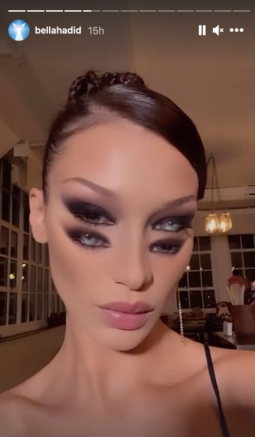 Bella Hadid NYFW smokey eye Instagram story with braided updo