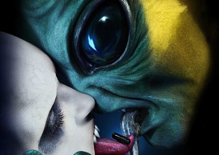 The poster for 'AHS: Double Feature' has zombies and aliens sharing the black pill